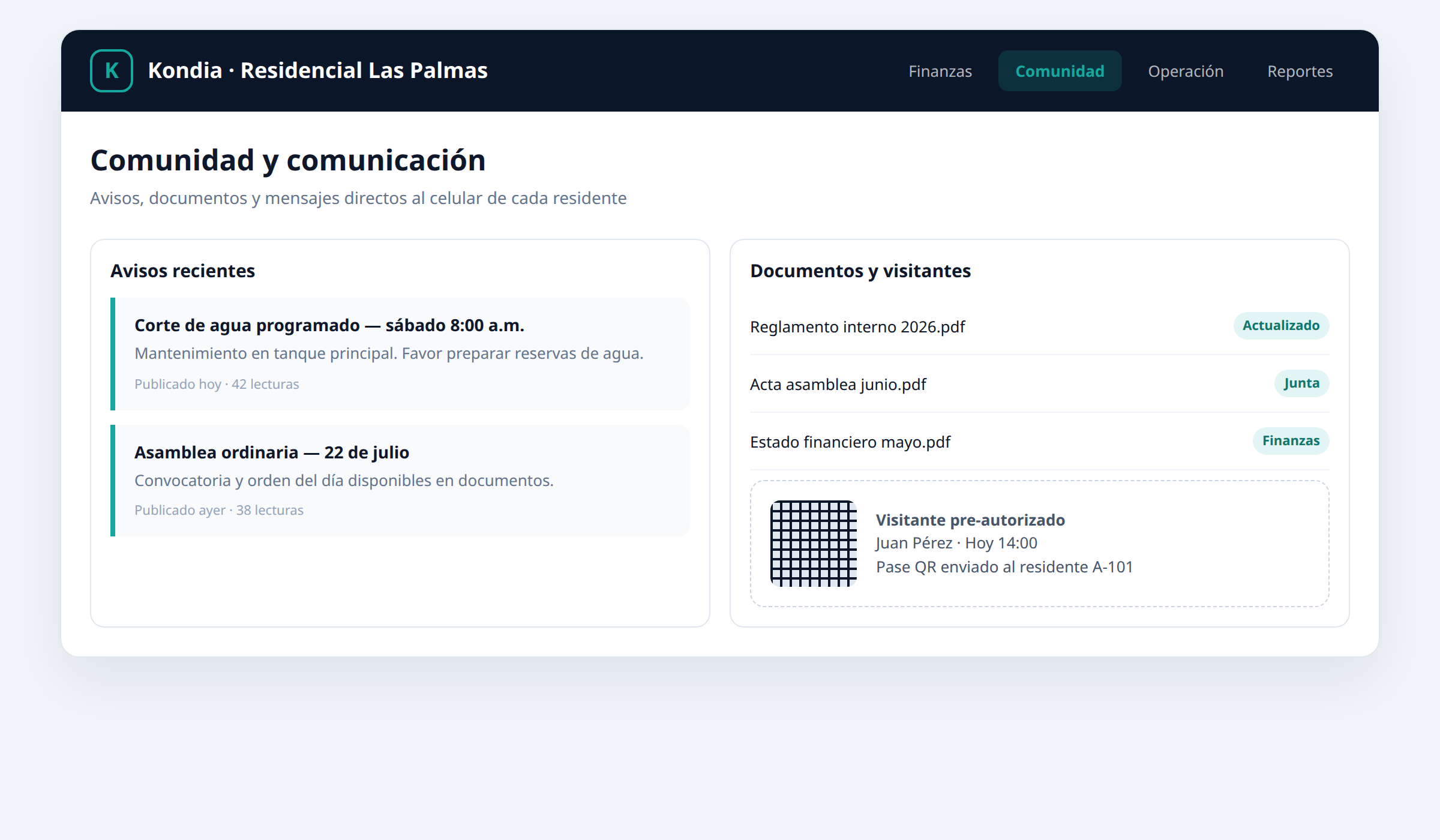 Módulo de comunidad de Kondia con avisos, documentos y visitantes QR