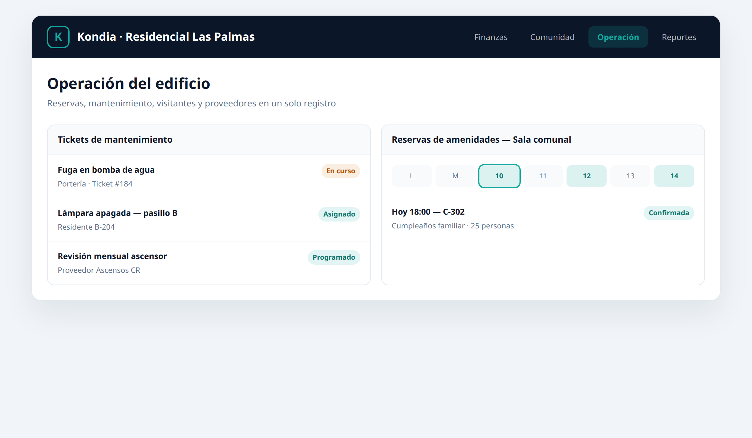 Módulo de operación de Kondia con tickets de mantenimiento y reservas