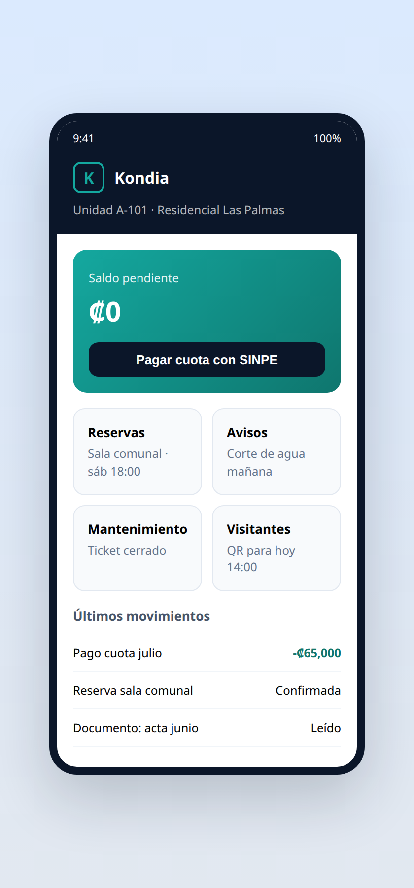 Portal del residente de Kondia en el celular con saldo, pagos SINPE, reservas y avisos